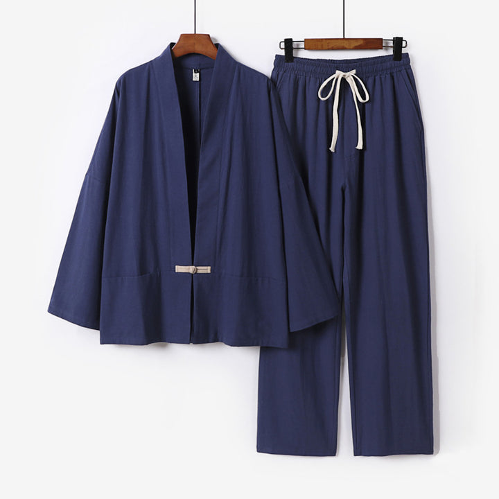 Men's Zen-inspired kimono loungewear set made of lightweight cotton blend with open cut and drawstring pants Mune Fashion