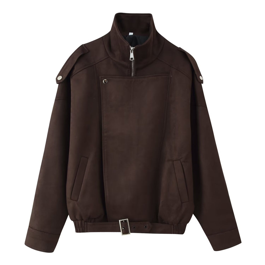 Women's short jacket in biker blouson style with belt and asymmetrical flap Mune Fashion