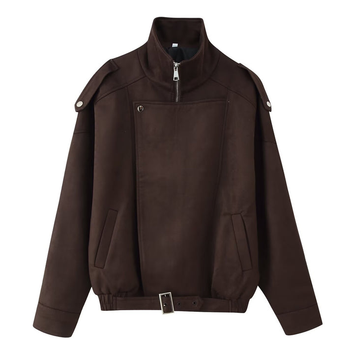 Women's short jacket in biker blouson style with belt and asymmetrical flap Mune Fashion