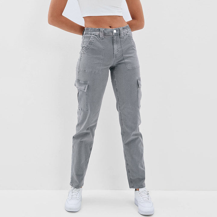 Women's High-Waisted Denim Cargo Pants with Straight Leg and Multiple Pockets Mune Fashion