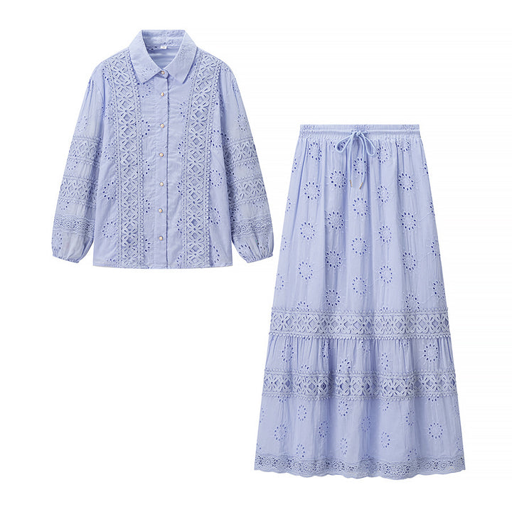 Women's Two-Piece Broderie-Anglaise Set with Shirt Blouse and Tiered Midi Skirt Mune Fashion