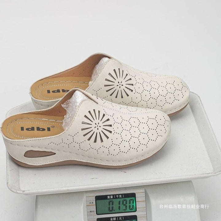 Women Comfortable Perforated Slipper Mules with Floral Cutouts and Padded Footbed Mune Fashion