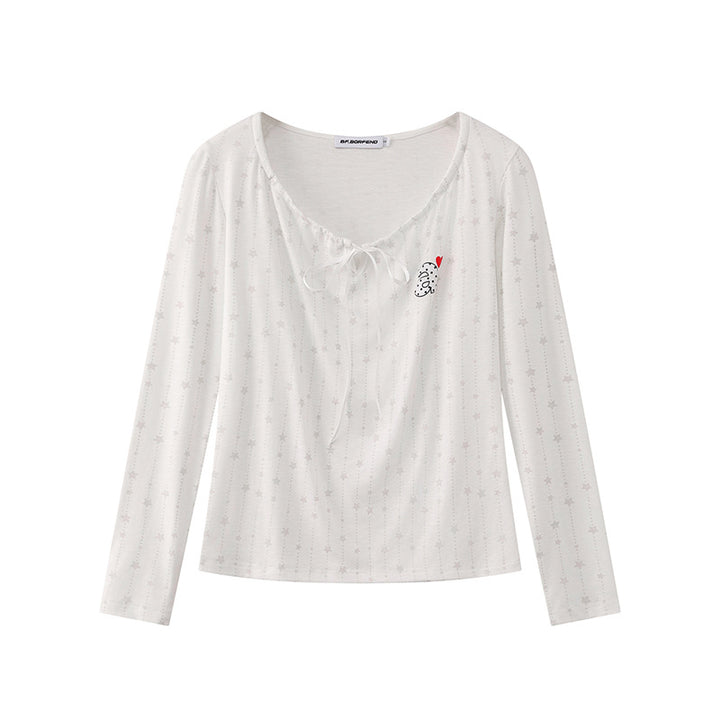 Women's long-sleeve shirt with lacing at the neckline, fine star jacquard, and heart emblem Mune Fashion