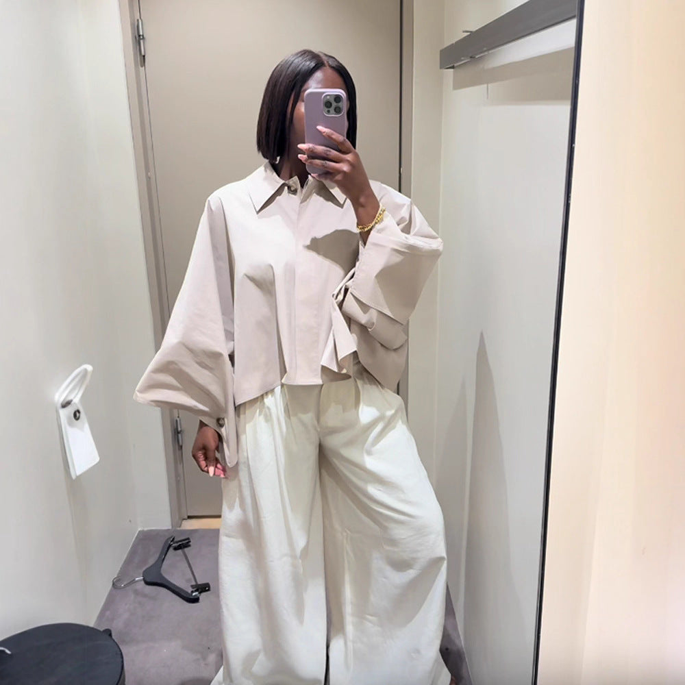 Women's Boxy Cropped Shirt Blouse with Wide Batwing Sleeve and Fine Tuck Mune Fashion