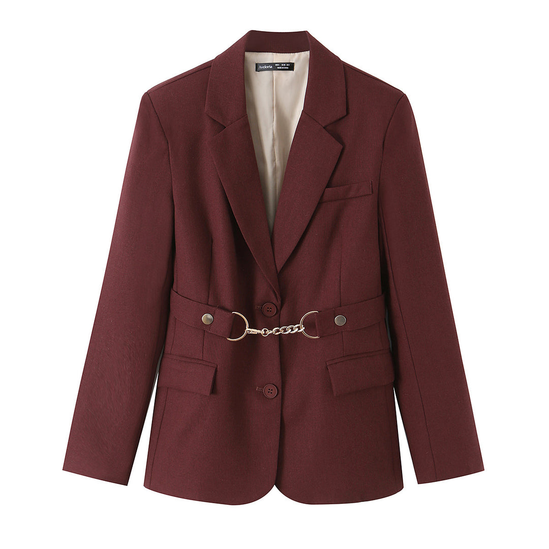 Women's Fitted Blazer and Midi Skirt Set with Decorative Chain Belt Mune Fashion