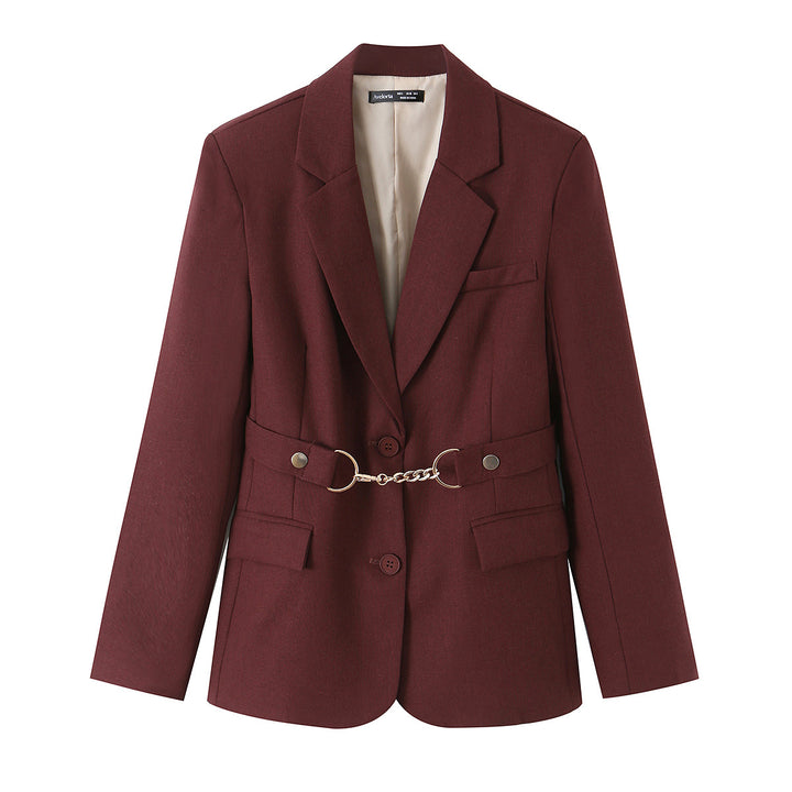 Women's Fitted Blazer and Midi Skirt Set with Decorative Chain Belt Mune Fashion