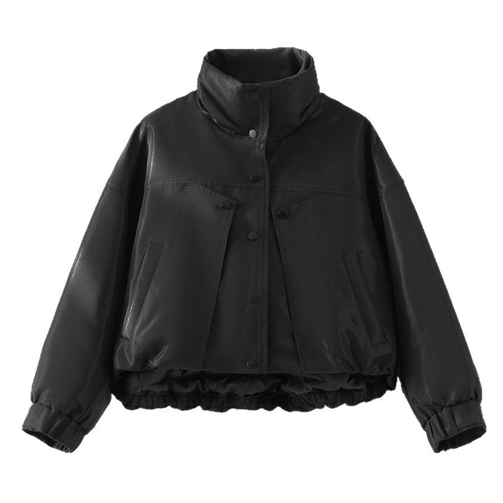Women's Short Padded Jacket in Leather Look with High Stand-Up Collar and Gathered Hem Mune Fashion