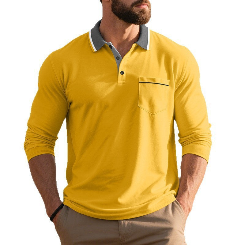Men's long-sleeved polo shirt with contrast collar, chest pocket, and fine cotton stretch Mune Fashion