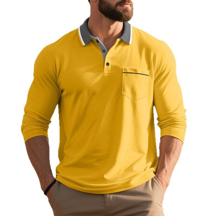 Men's long-sleeved polo shirt with contrast collar, chest pocket, and fine cotton stretch Mune Fashion