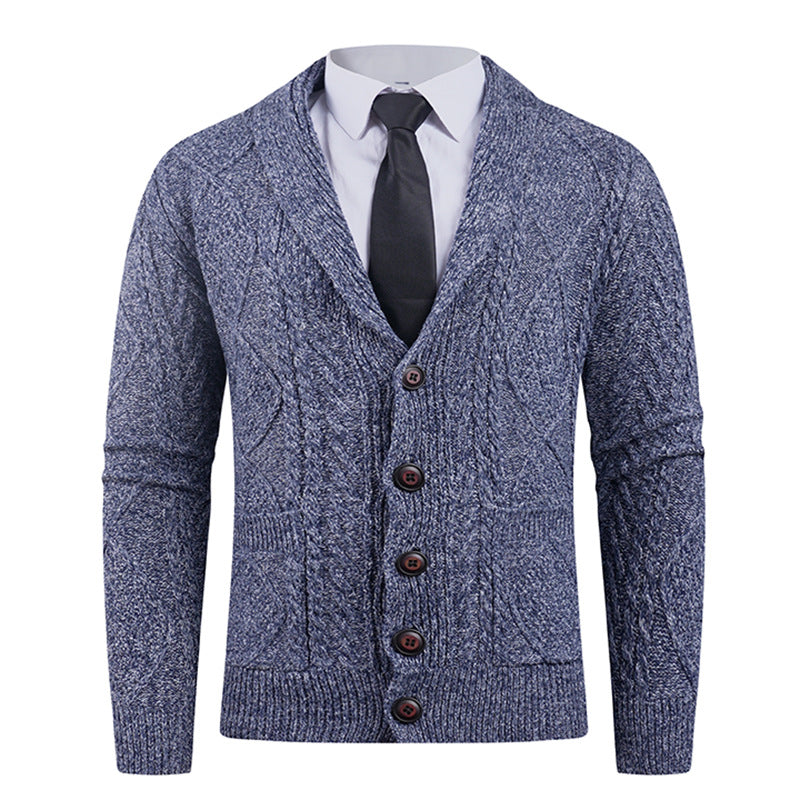 Men's knitted cardigan with shawl collar, cable pattern, patch pockets, and button placket Mune Fashion
