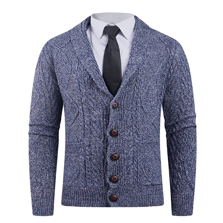 Men's knitted cardigan with shawl collar, cable pattern, patch pockets, and button placket Mune Fashion