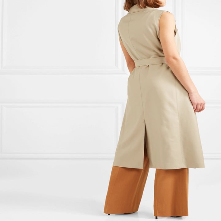 Women's sleeveless wrap trench coat made of cotton blend with double-breasted button placket and waist belt Mune Fashion