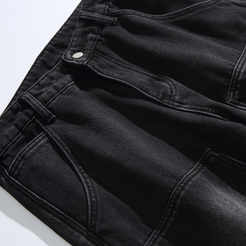 Men's Wide Vintage Denim Cargo Pants with Distinctive Seam Details and Patch Pockets Mune Fashion