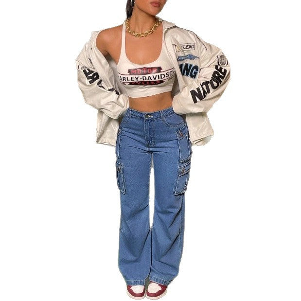 Women's Cargo Denim Pants with Wide Leg, High Waist & Multifunctional Flap Pockets Mune Fashion