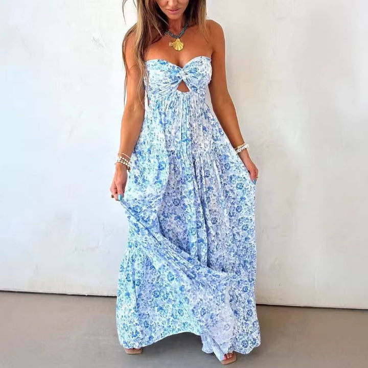Ladies' strapless twisted bustier maxi dress with cut-out and multi-layered tiered skirt in lightweight crinkle quality Mune Fashion