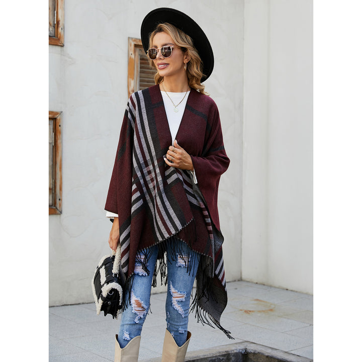 Women Kastiger Ruana Wrap with Fringes and Diagonal Stripe Jacquard Mune Fashion