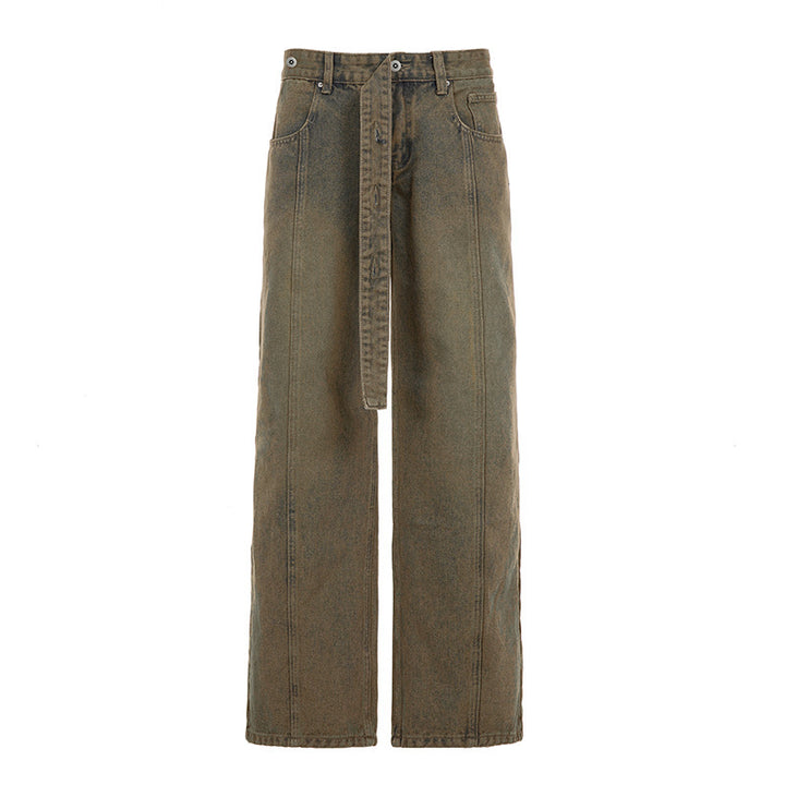 Women High-Waisted Wide Denim Pants with Wide Ties Mune Fashion