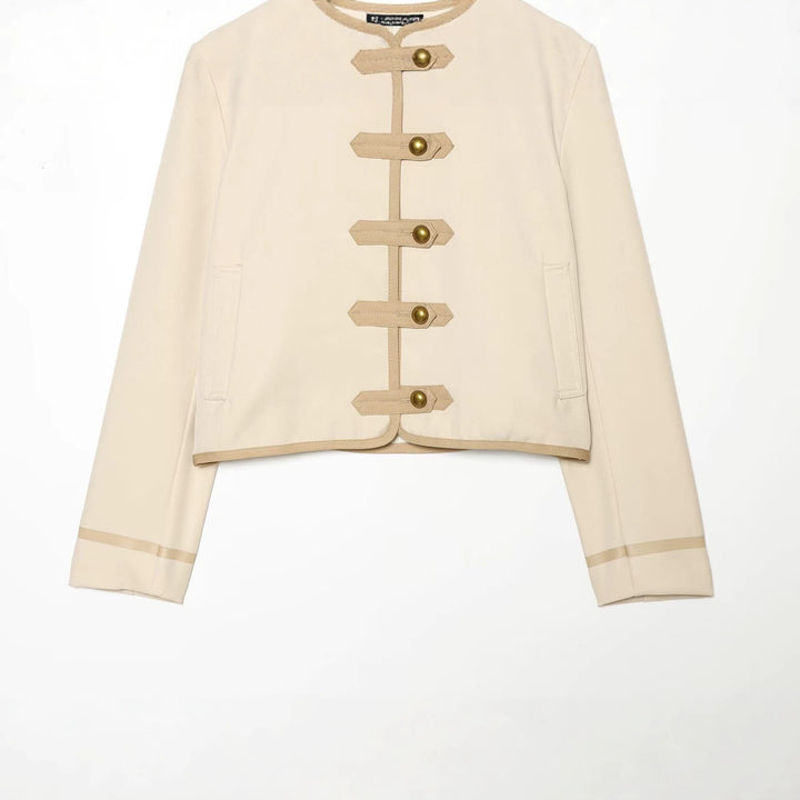 Women's Short Fitted Jacket with Mandarin Collar and Decorative Tabs Mune Fashion
