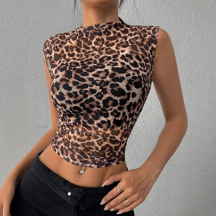 Women’s sleeveless crop shaping top with stand collar and leopard pattern Mune Fashion