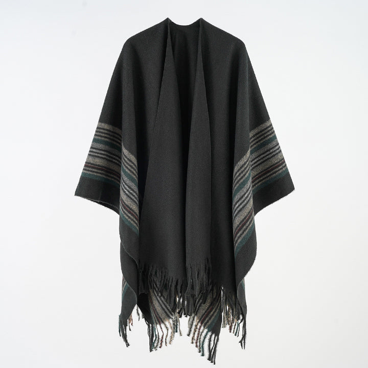 Women's Soft Falling Cape Poncho with Striped Trim and Fringe Hem