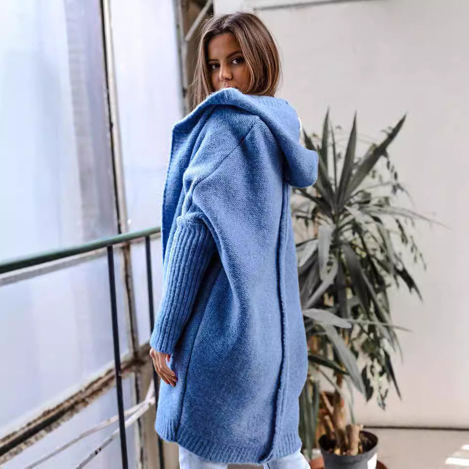 Women's Cozy Cardigan with Hood and Open Cut Mune