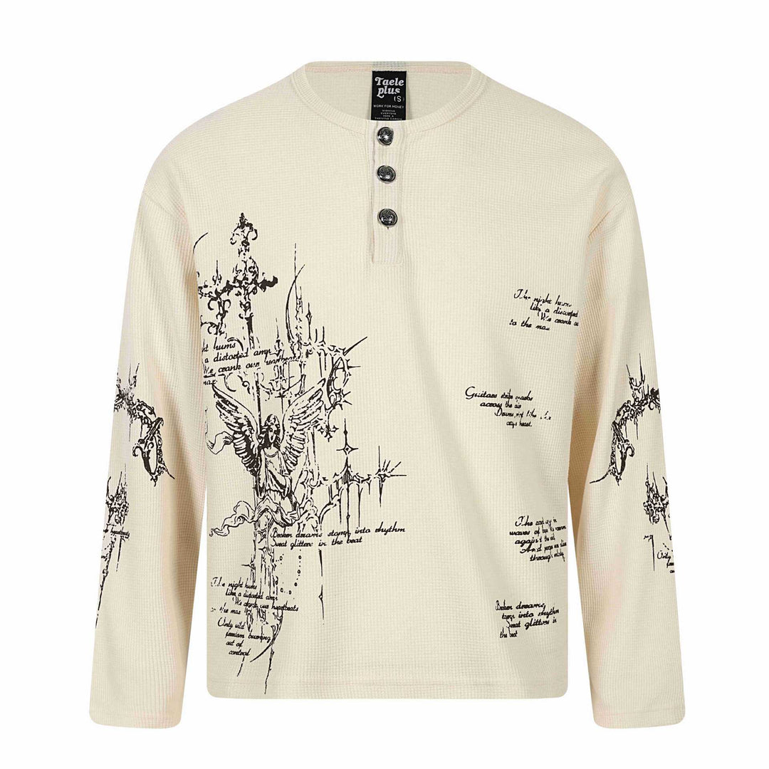 Unisex waffle knit Henley long sleeve shirt with 3-button placket and allover print Mune Fashion
