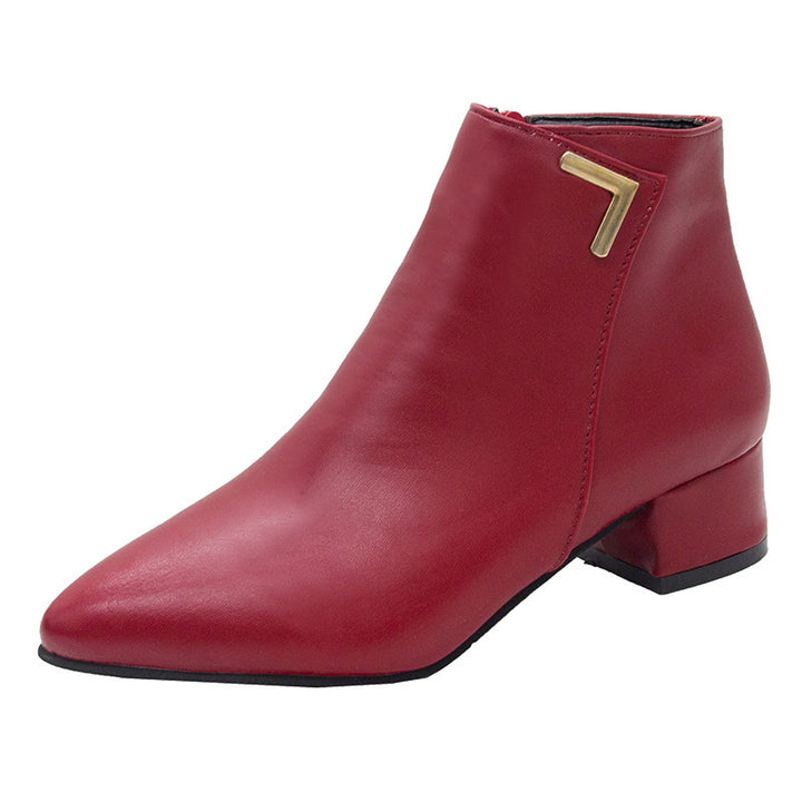Ladies' pointed ankle boots in smooth leather look with subtle metal corner appliqué and padded insole Mune Fashion