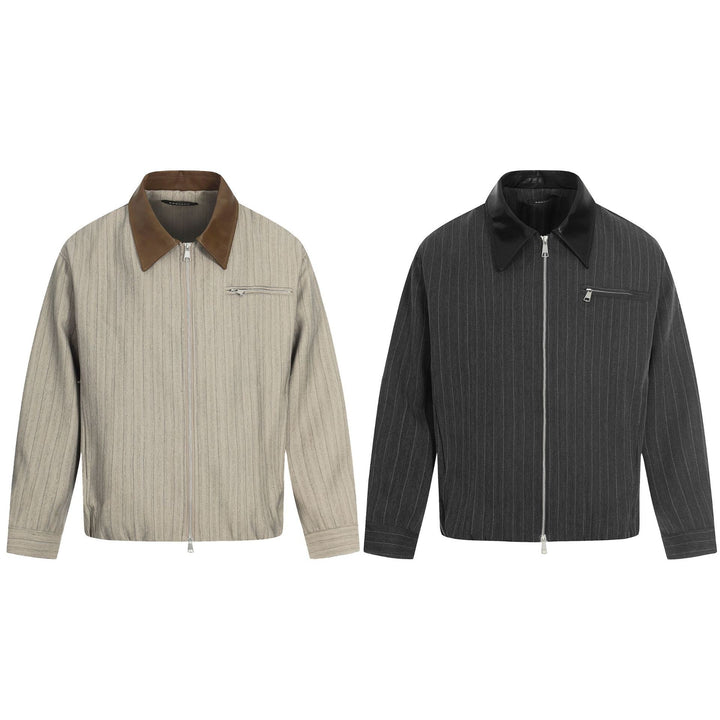 Men's Short Boxy Blouson Jacket in Linen Look with Leather Collar Mune Fashion