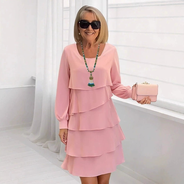 Women Elegant Tiered Midi Dress with Ruffle Layers, Round Neckline and Cuffs