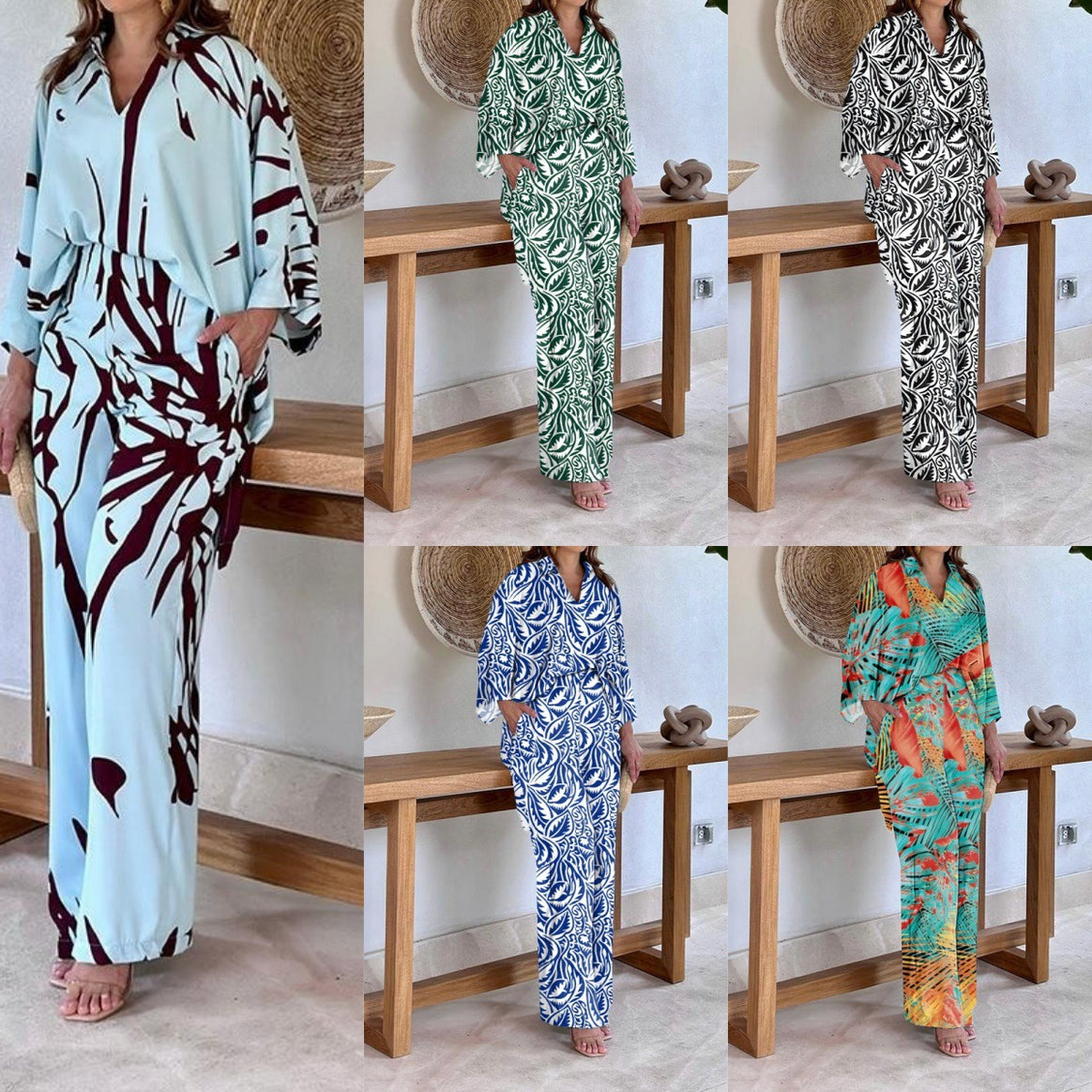 Women's Patterned Kimono Lounge Set with Wide Palazzo Pants made of Lightweight Viscose Mix Mune Fashion