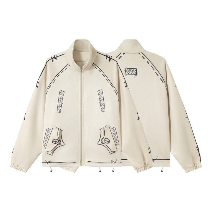 Unisex Oversize Fleece Jacket with Stand-Up Collar and Graphic Sketch Print Mune Fashion