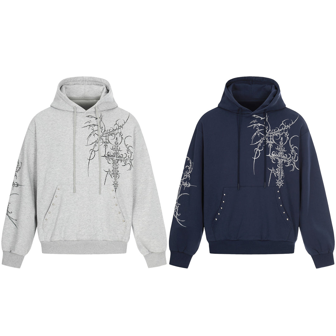 Men's Oversized Hoodie with Ornamental Cross Print and Studs Mune Fashion