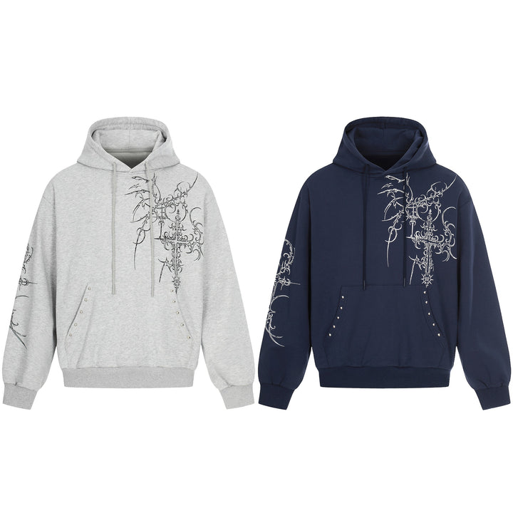 Men's Oversized Hoodie with Ornamental Cross Print and Studs Mune Fashion