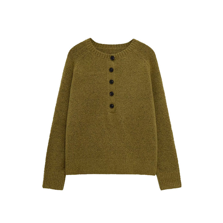 Women's Boucle Pullover with Henley Button Placket and Raglan Sleeves Mune Fashion