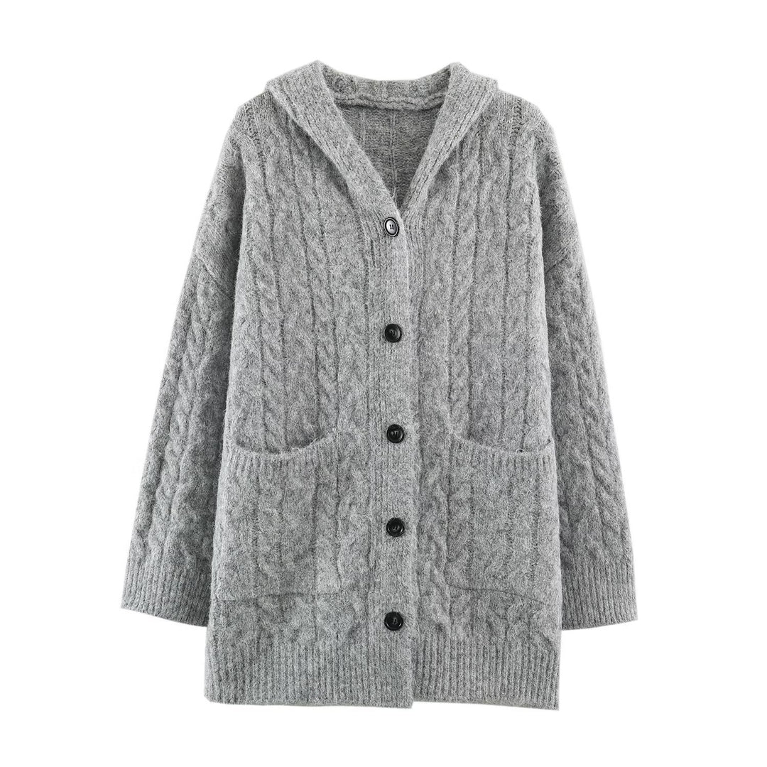 Women's Long Knitted Hooded Cardigan with Cable Pattern and Button Placket Mune Fashion