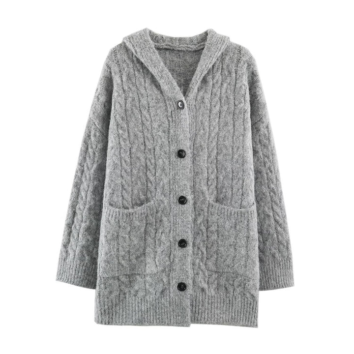 Women's Long Knitted Hooded Cardigan with Cable Pattern and Button Placket Mune Fashion