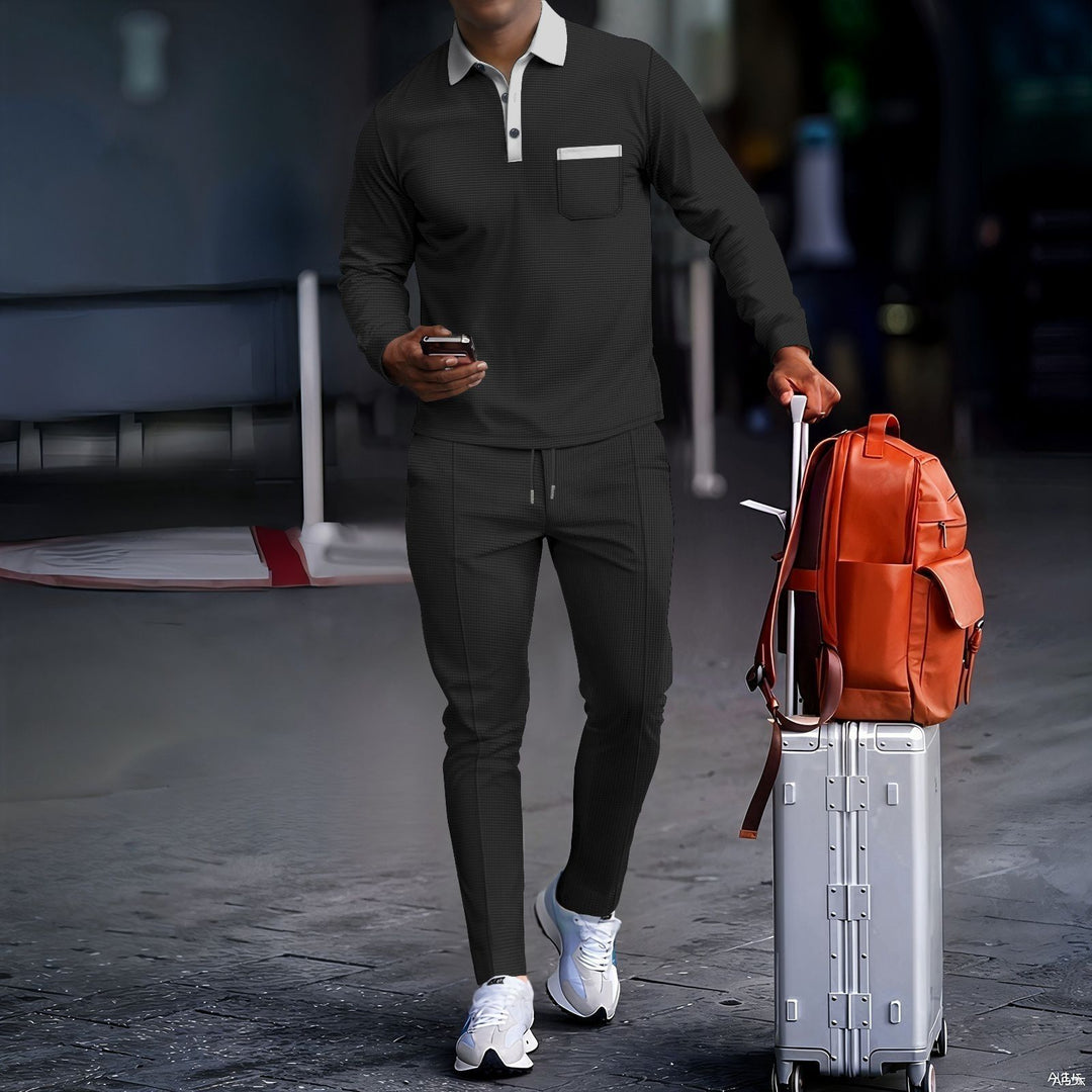 Men's travel-friendly lounge set with long-sleeve polo shirt, chest pocket, and tapered jogger pants Mune Fashion