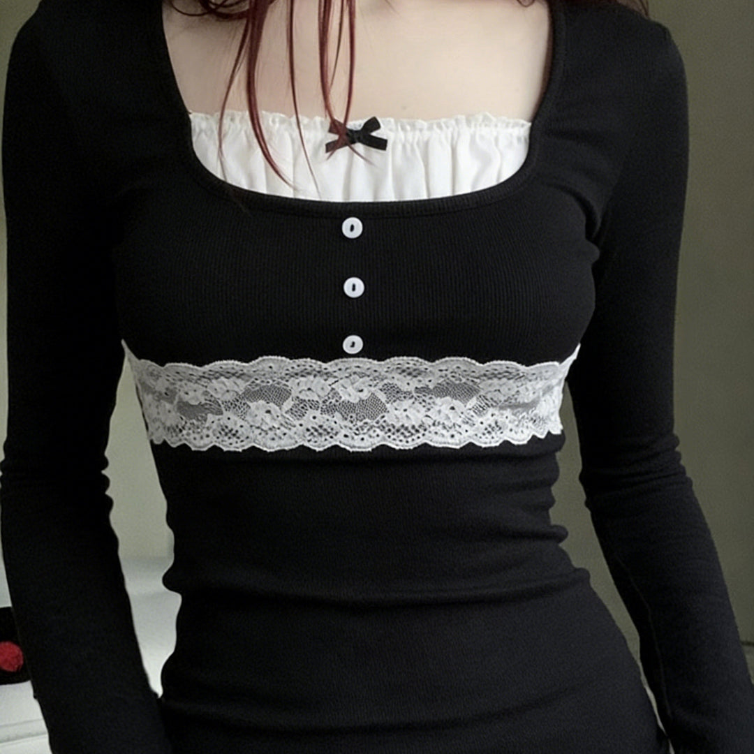 Women Long Sleeve Rib Shirt with Sewn-in Lace Trim, Carmen Neckline and Decorative Button Placket Mune Fashion