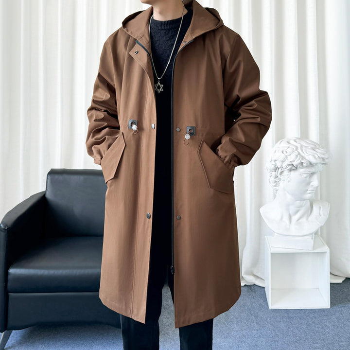 Men's longer water-repellent hooded coat with drawstring, concealed zipper, and flap pockets Mune Fashion