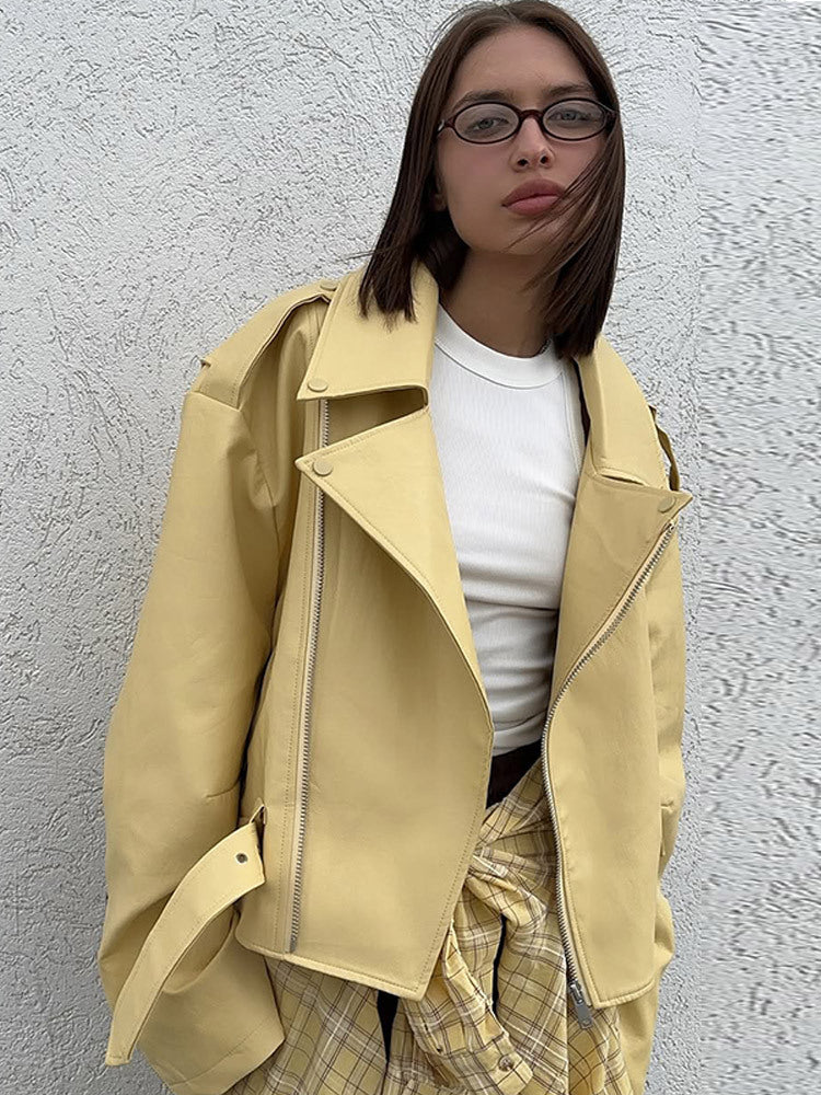 Women Oversized Biker Jacket made of vegan leather imitation with large lapels and waist belt Mune Fashion