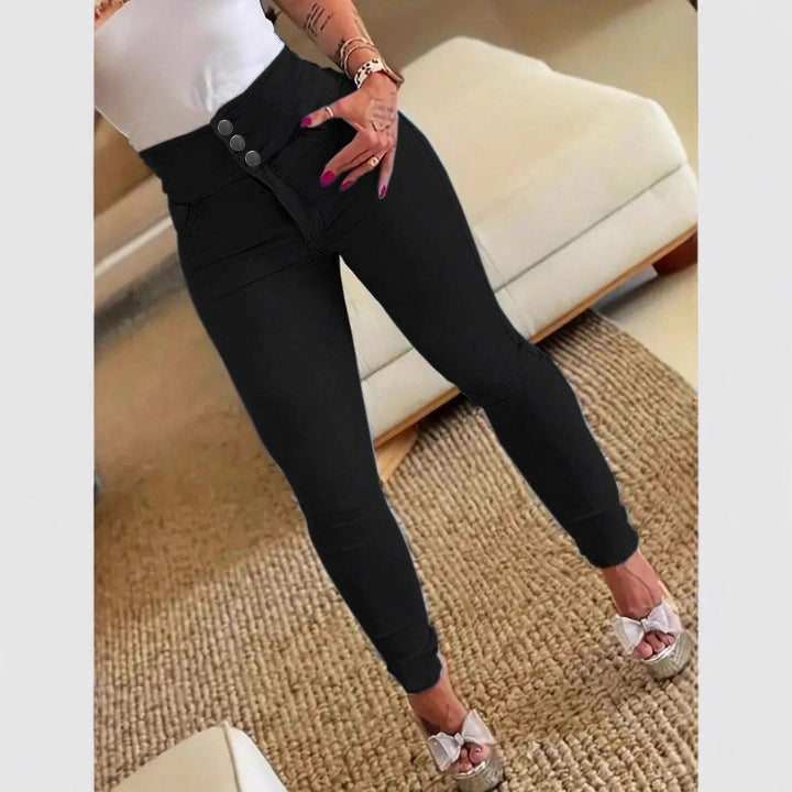 Women high-waisted shaping skinny jeans leggings with double button waistband Mune Fashion