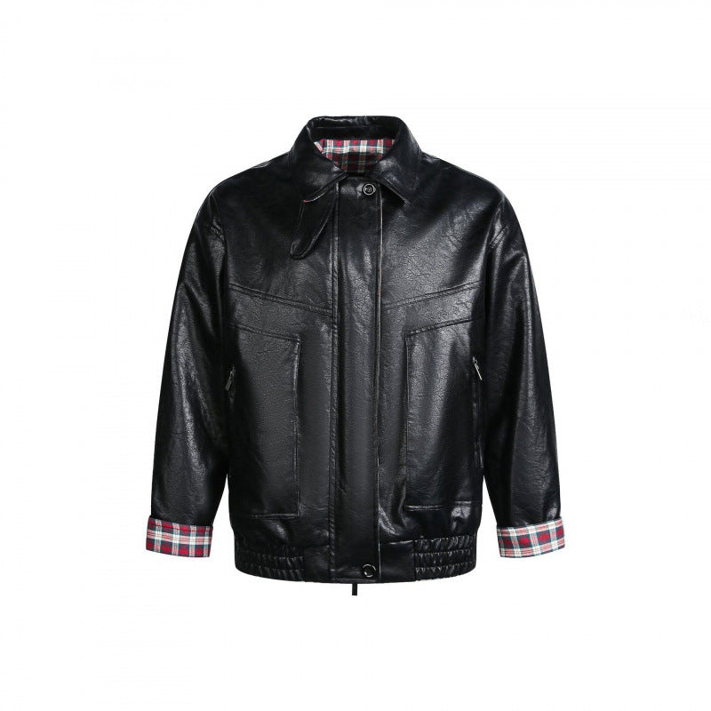Men's faux leather blouson with check lining, zipper and elastic hem Mune Fashion
