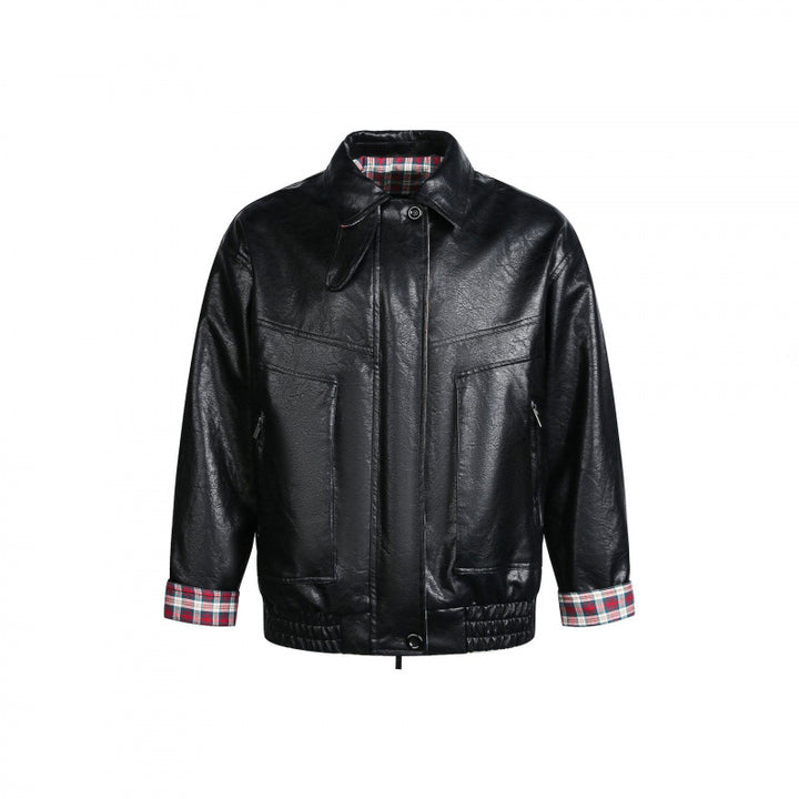 Men's faux leather blouson with check lining, zipper and elastic hem Mune Fashion