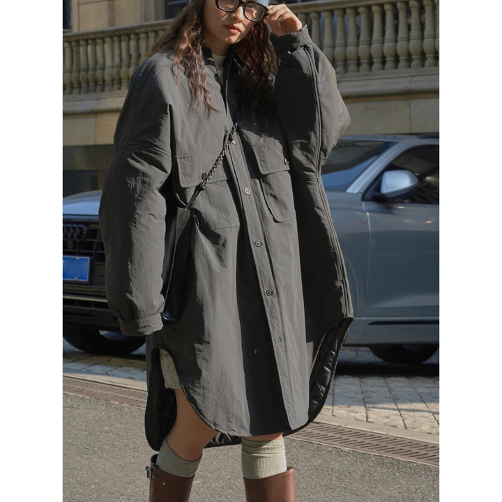 Women's Oversize Shirt Blouse Coat with Quilted Lining and Patch Pockets Mune Fashion