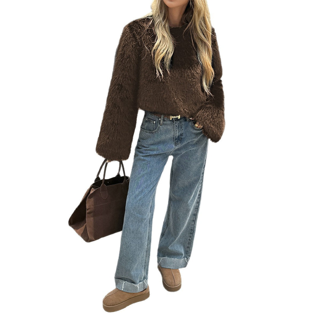 Women’s cozy Cropped Faux Fur Sweater with Bell Sleeves Mune Fashion