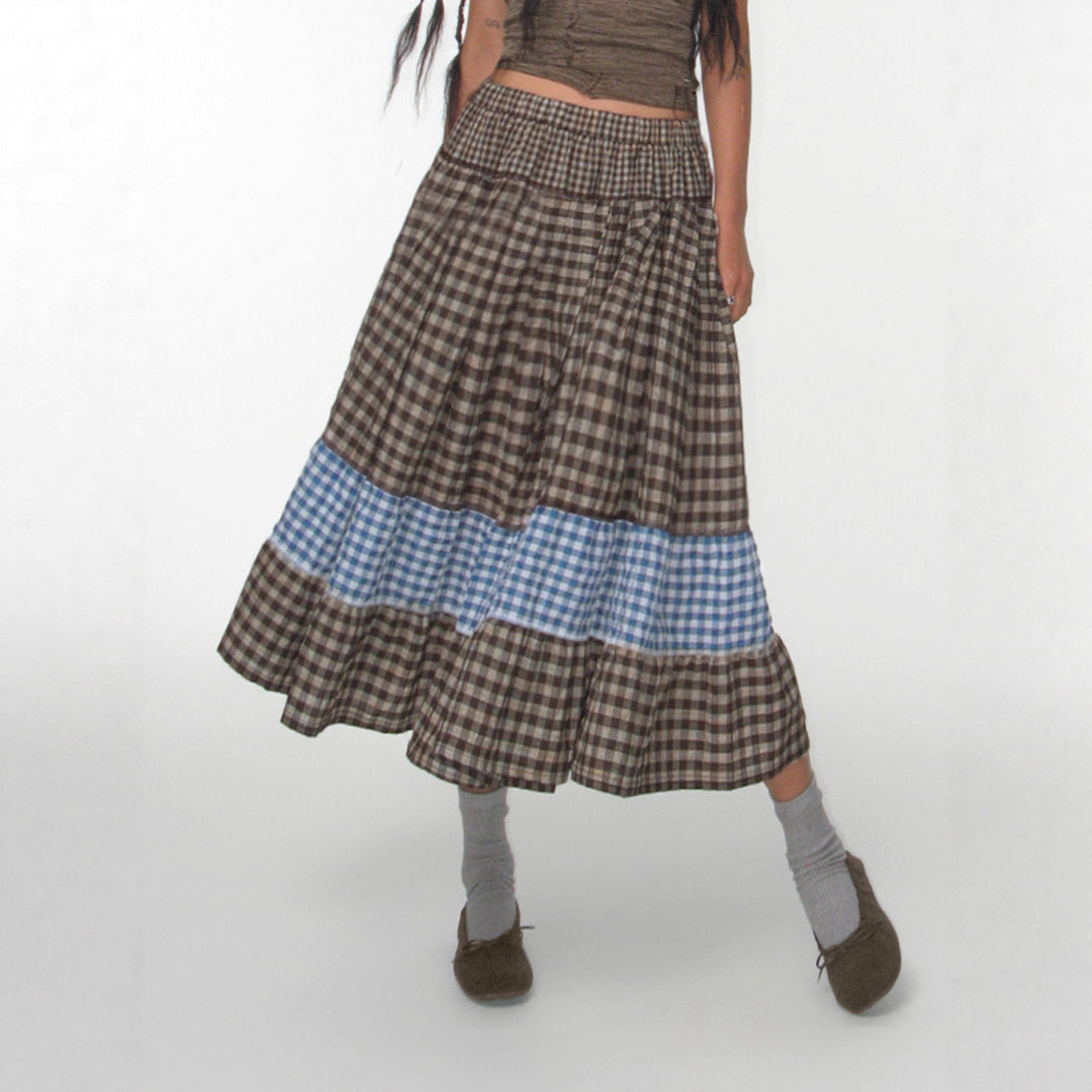 Women's multi-layered cotton tiered skirt with elastic waistband, contrasting gingham ribbon and ruffle Mune Fashion