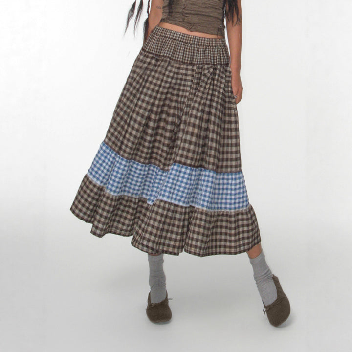 Women's multi-layered cotton tiered skirt with elastic waistband, contrasting gingham ribbon and ruffle Mune Fashion