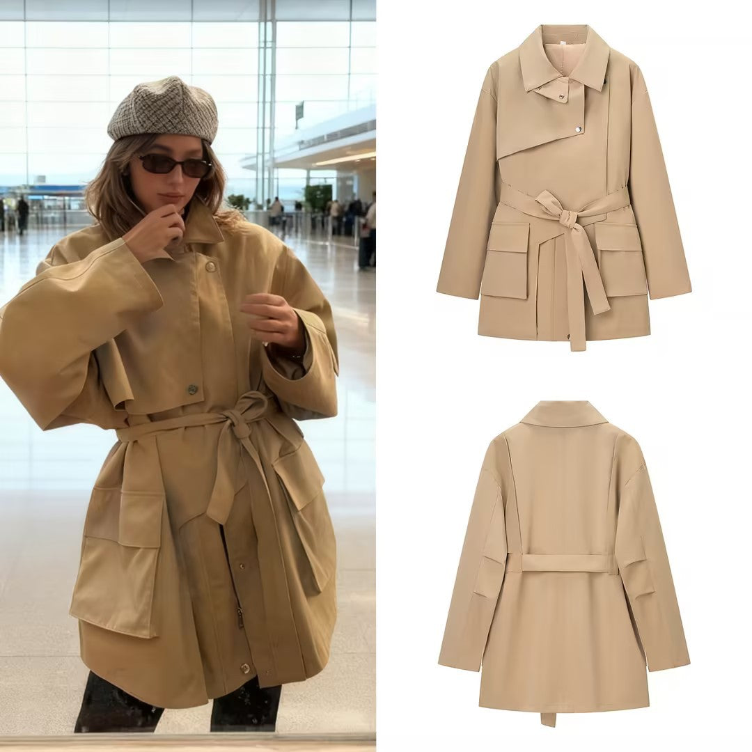 Women Tailored Short Parka with Asymmetric Overlap Flap and Utility Pocket Flaps Mune Fashion
