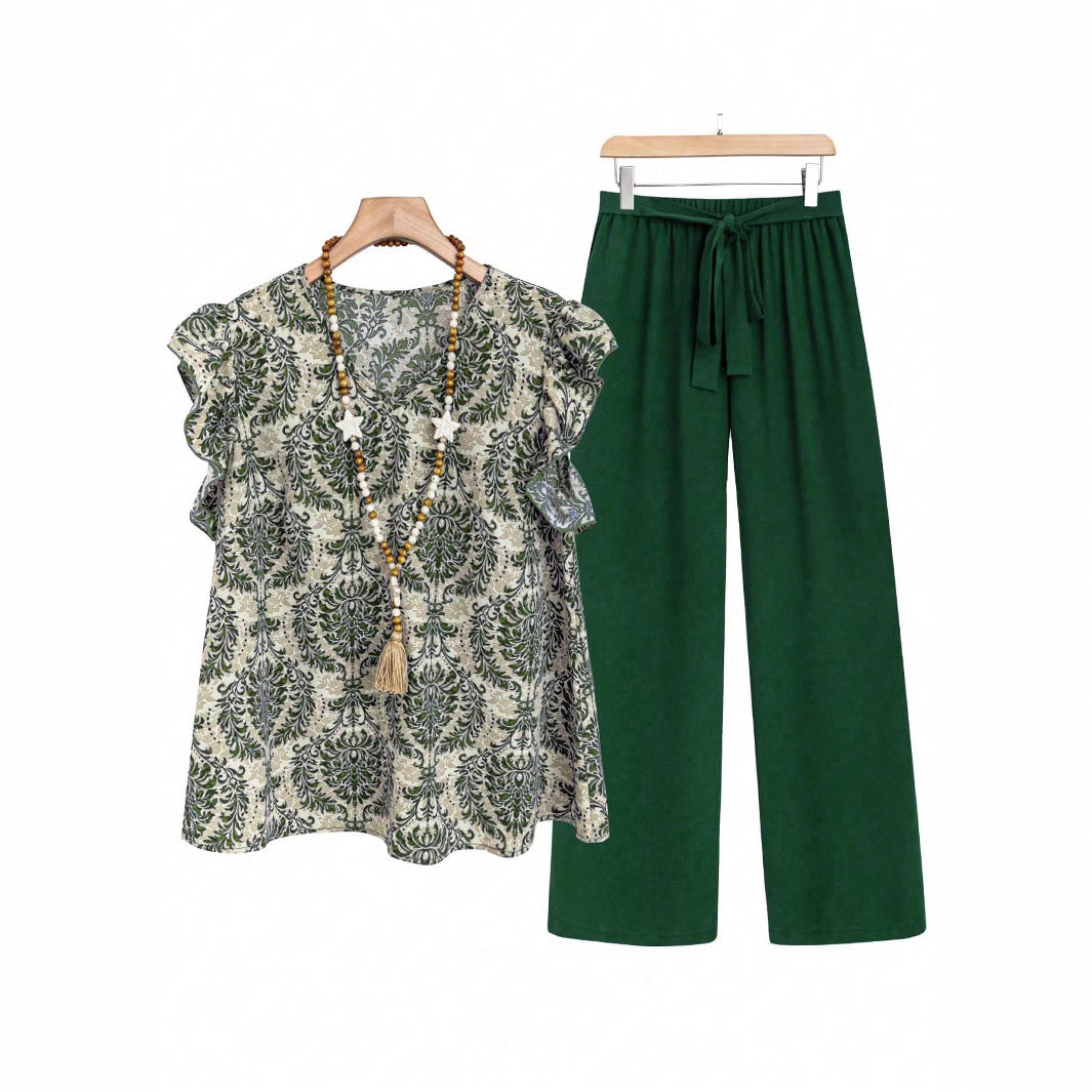 Women's two-piece ensemble with ruffled print blouse and wide waist trousers model Mune Fashion
