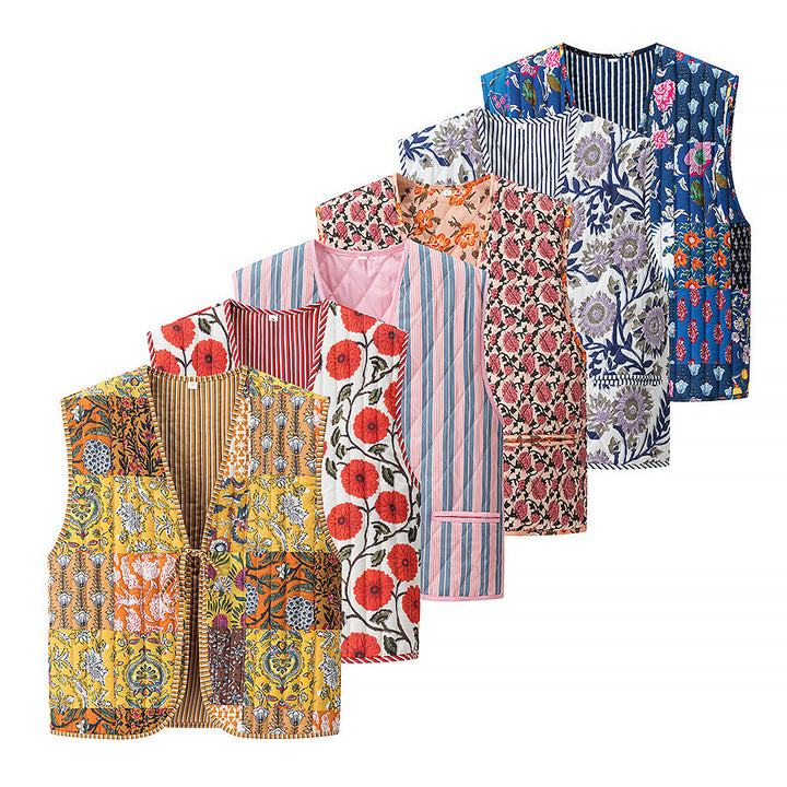 Women's Quilted Vest with Ties, diamond quilting and striped design Mune Fashion